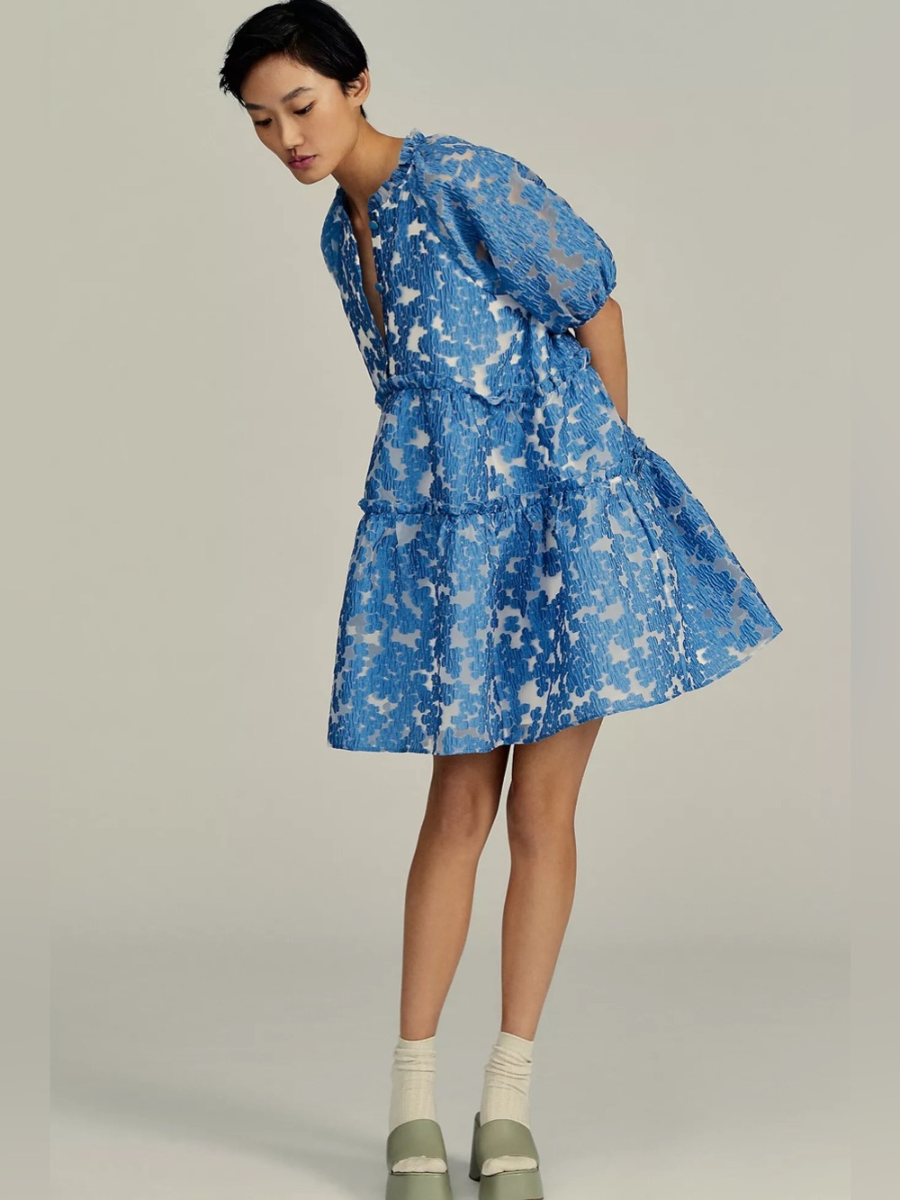 Maeve Anthropologie Tiered Jacquard Dress Blue Textured Puff Sleeve Petite SP - Picture 5 of 8